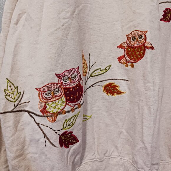 Alfred Dunner Embroidered Owls Fall Leaves Sweatshirt Oatmeal Tan Cottagecore 2X - Picture 2 of 7